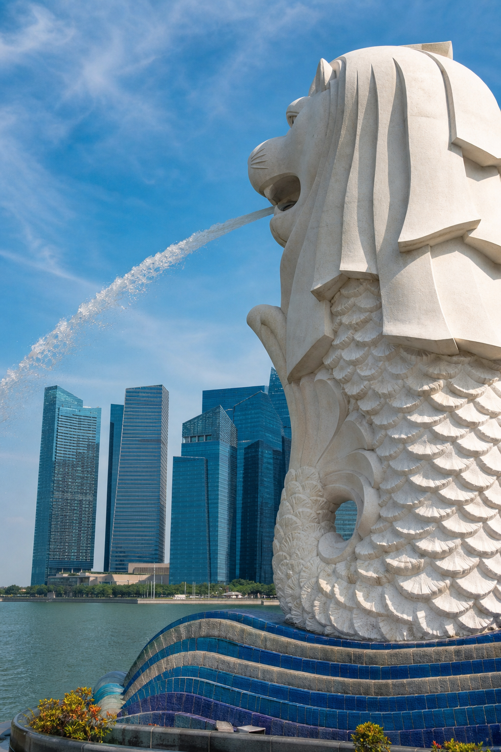 A photorealistic close-up of the Sentosa Merlion statue with the Singapore skyline in the background, shot from a low angle on a sunny day. Alt: Sentosa Merlion statue with city skyline behind.