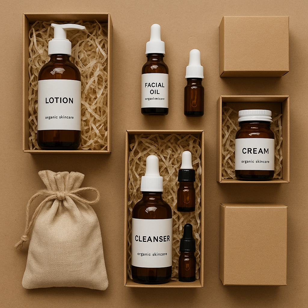 A flat lay of eco-friendly skincare gift sets in recyclable packaging, featuring organic facial oils, lotions, and cleansers. Alt: Eco-friendly skincare gift ideas for sensitive skin with recyclable packaging.