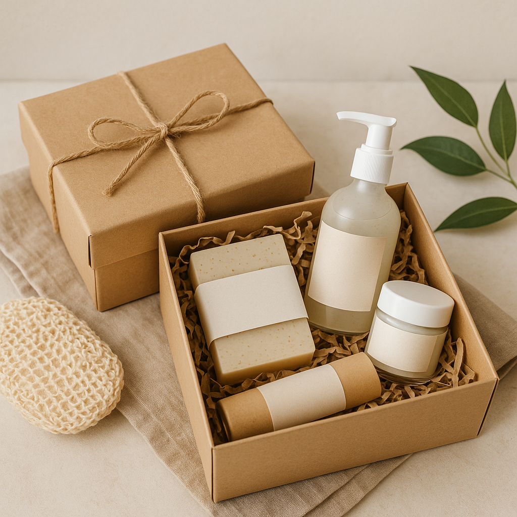 A beautifully wrapped eco-friendly skincare gift box with natural twine, in a serene setting evoking calm and sustainability. Alt: Eco-friendly skincare gift ideas for sensitive skin in sustainable packaging.