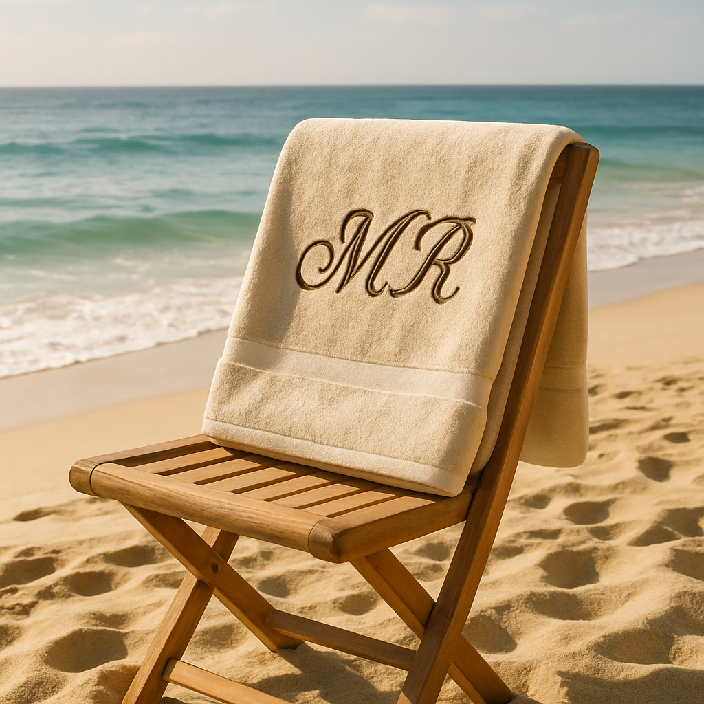 A sun‑kissed beach scene with a neatly folded monogrammed luxury towel draped over a wooden chair, showcasing elegant initials in a script font. Alt: custom beach towel with name gift showcasing monogram luxury towel.