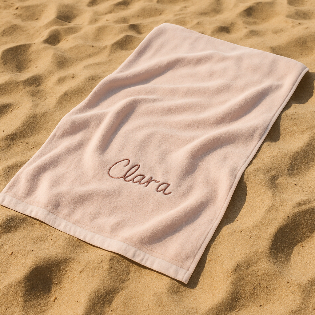 A soft, pastel organic cotton beach towel with a name embroidered, lounging on sand. Alt: Eco-friendly custom beach towel with name gift.