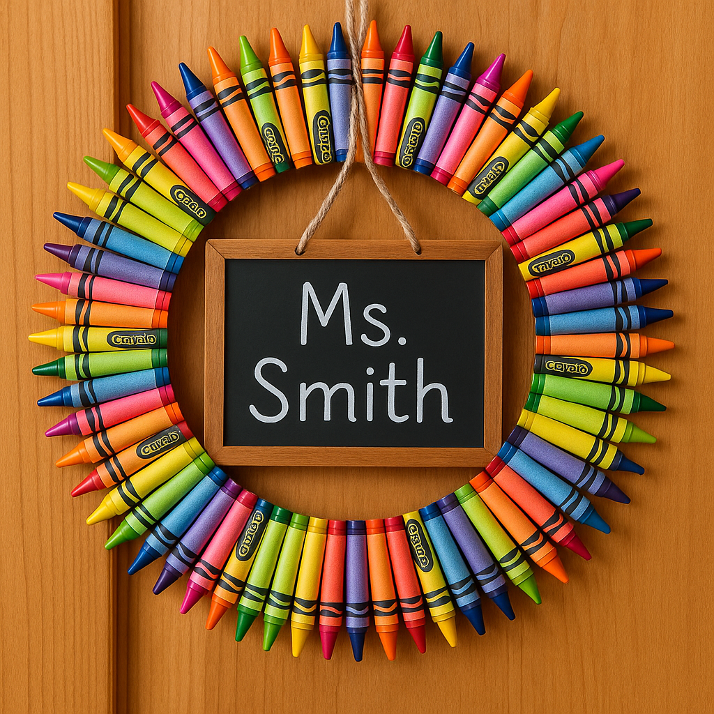 A vibrant DIY crayon wreath with a personalized chalkboard sign, perfect as a personalized teacher gift. Alt: Personalized teacher gift DIY crayon wreath