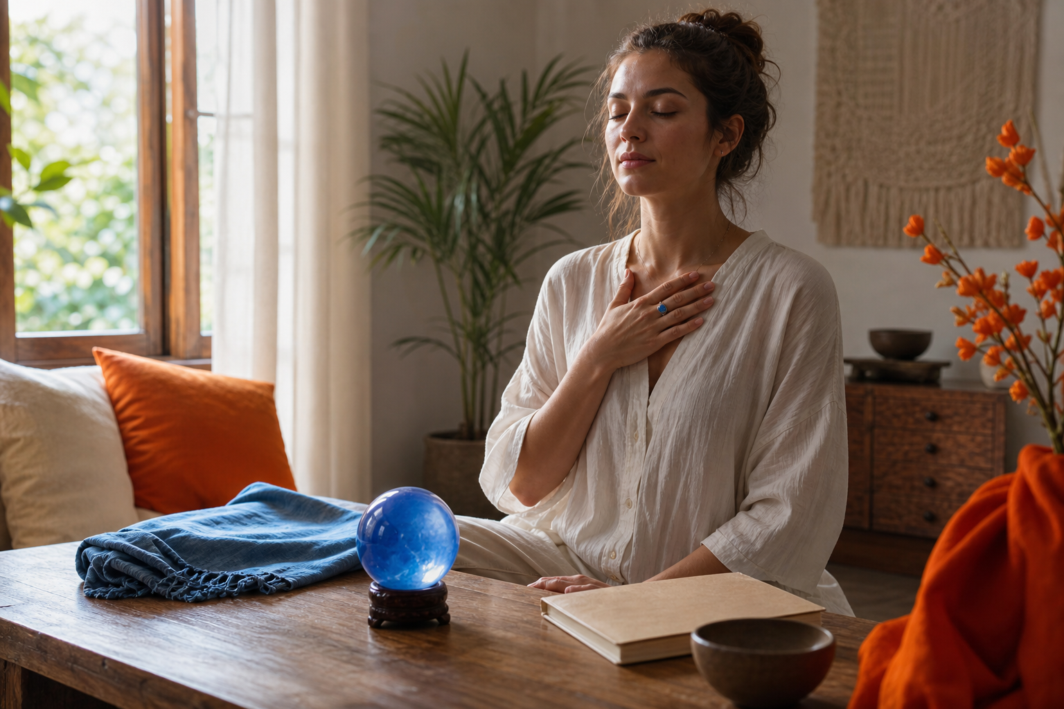 blue crystal meditation practice for throat chakra healing and clear self-expression.