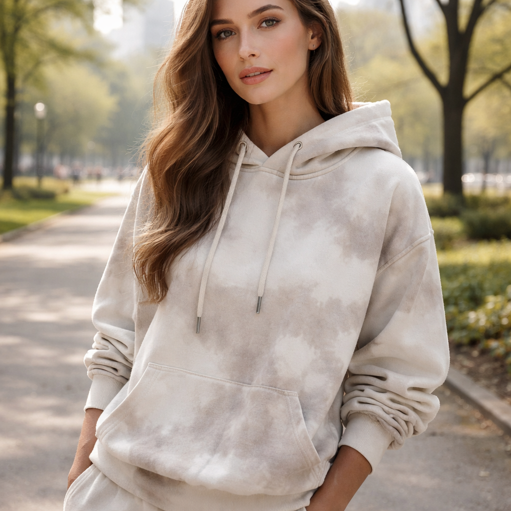 A realistic portrait of a woman wearing a minimalist monochrome tie‑dye hoodie in a city park, soft lighting. Alt: minimalist monochrome tie dye hoodie women casual style