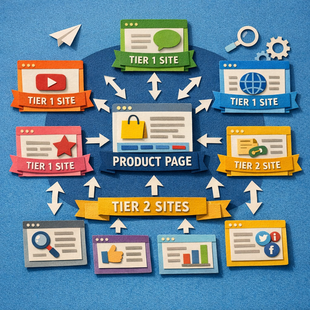 A papercraft illustration of a layered backlink diagram showing Tier 1 and Tier 2 sites connected to a central product page, with arrows and paper cut‑out icons. Alt: tiered link building strategy diagram.