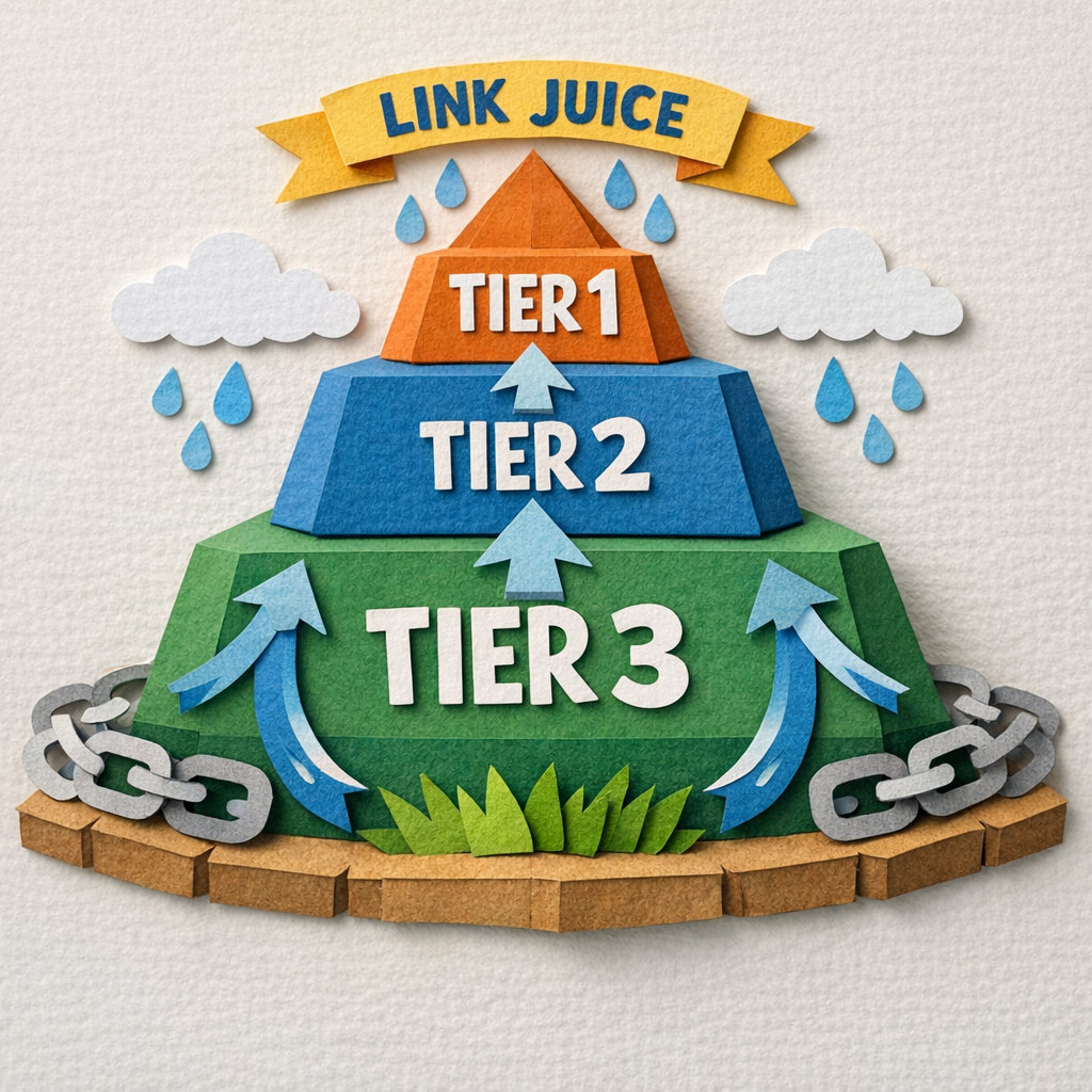 A Papercraft illustration of a pyramid of links, with Tier 1 at the top, Tier 2 in the middle, and Tier 3 at the base, arrows showing link juice flowing upward, styled like a hand‑cut paper model. Alt: tiered link building strategy diagram in papercraft style.