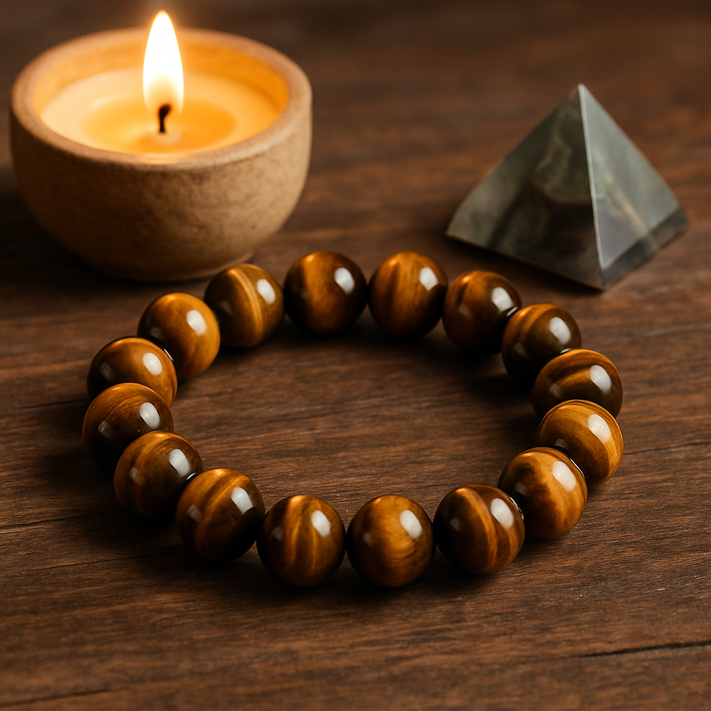 A close‑up of a tiger eye bracelet lying on a wooden table beside a candle and a small crystal pyramid. Alt: tiger eye bracelet spiritual grounding and healing meaning