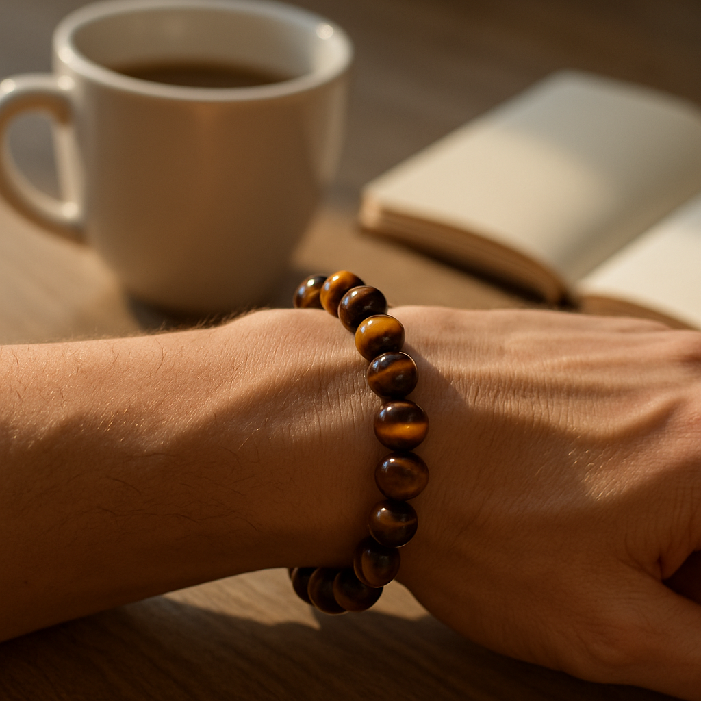 A close‑up of a hand wearing a tiger eye beaded strand bracelet, sunlight catching the cat‑eye shimmer, with a soft coffee cup and notebook in the background. Alt: tiger eye bracelet grounding and style example