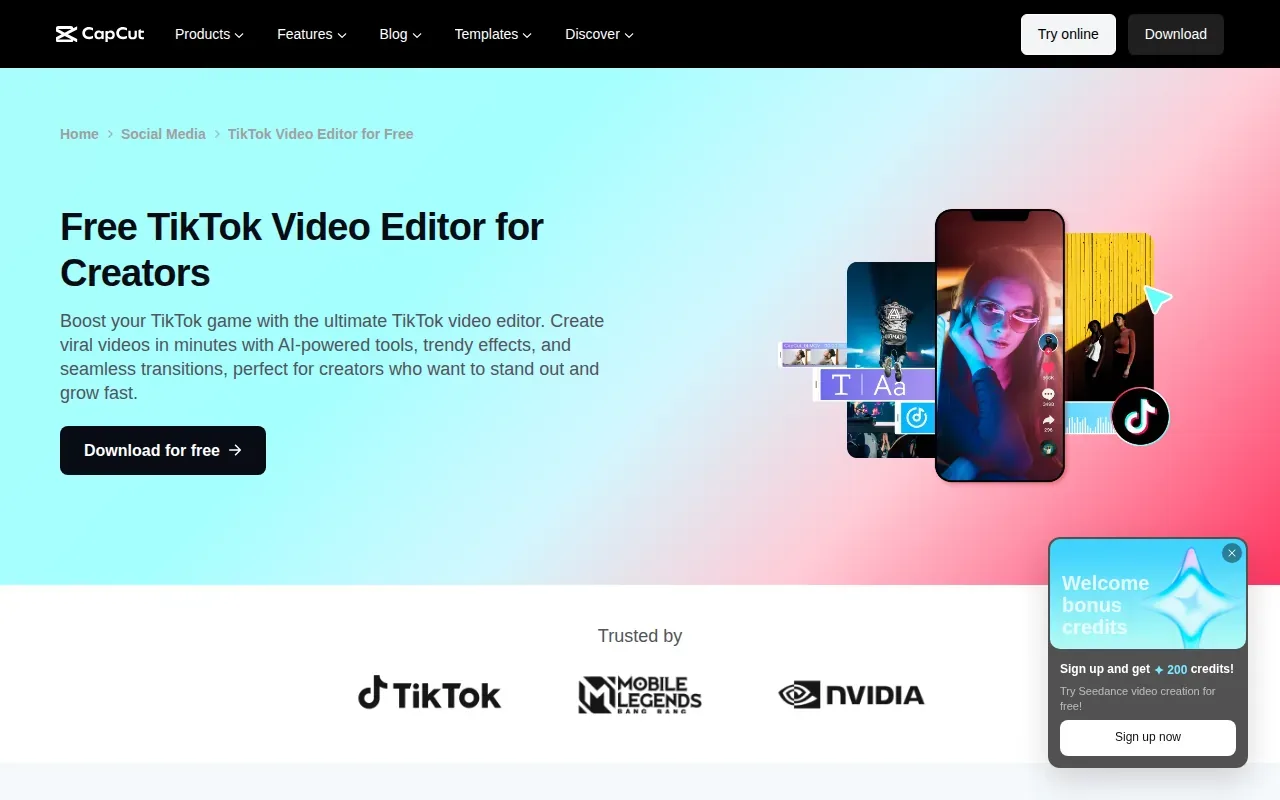Screenshot of the CapCut website