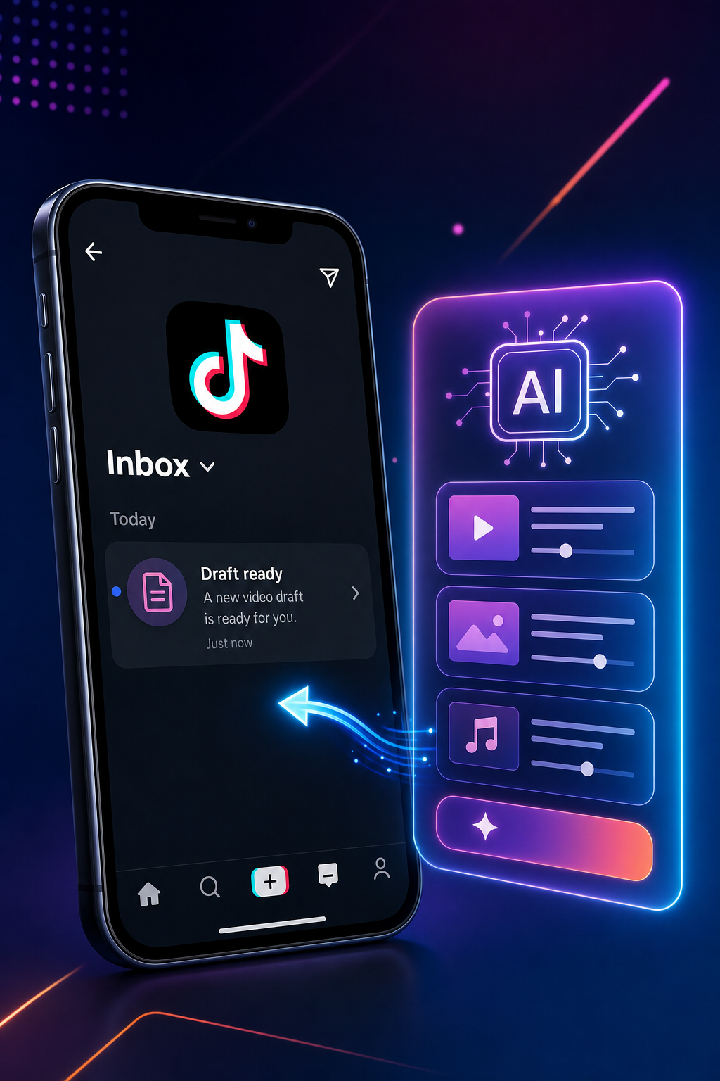 Clean digital illustration style. Vibrant accent colors (purple, pink, electric blue). Social media and content creator aesthetic. A smartphone screen showing a TikTok draft notification with a glowing AI prompt interface beside it, minimalist background with tech-forward geometric accents. No human faces. Alt: ClipDraft AI TikTok video generator delivering draft to TikTok inbox.