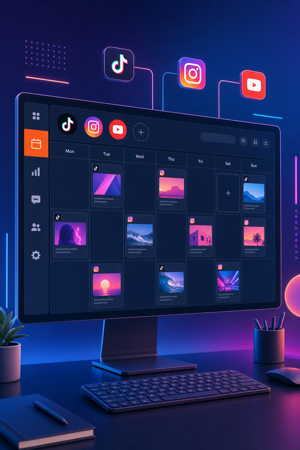 Clean digital illustration style. Vibrant accent colors (purple, pink, electric blue). Social media and content creator aesthetic. A dashboard interface showing multiple social platform icons including TikTok, Instagram, and YouTube with a scheduling calendar grid, minimalist tech background with glowing accent lines. No human faces. Alt: Hootsuite multi-platform TikTok scheduling dashboard for social media teams.