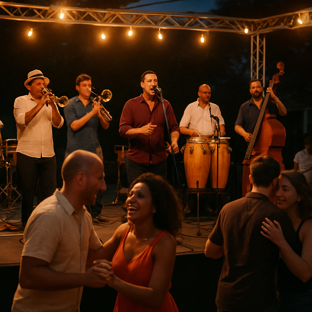 Una orquesta de timba cubana tocando en un escenario al aire libre, con luces cálidas y gente bailando. Alt: timba cubana en vivo evento europeo