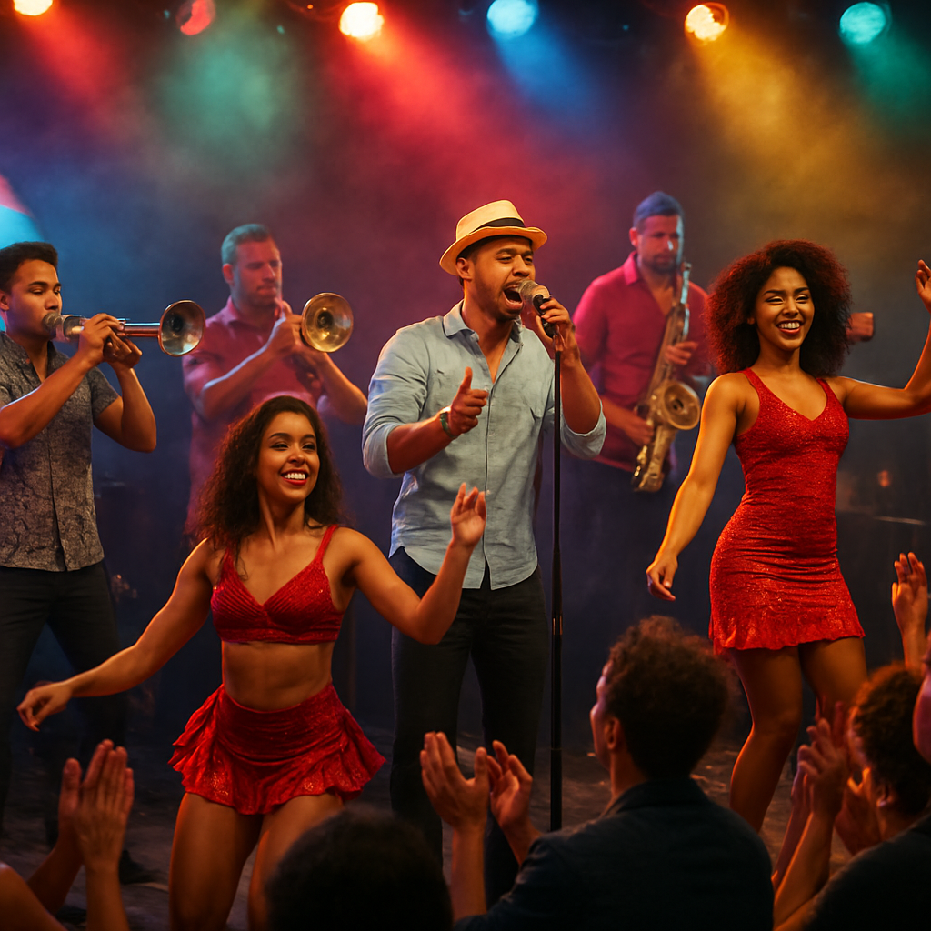 A lively Cuban timba band on stage with colorful lights, dancers and audience clapping. Alt: timba cubana en vivo actuación profesional