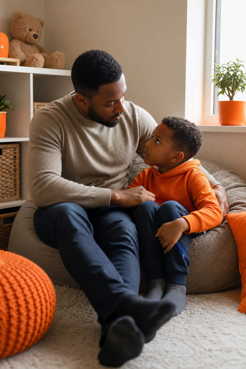 A photorealistic depiction of a parent and child in a calm, cozy corner, engaging in a gentle time‑in moment. Alt: Time‑in moment in a cozy space.