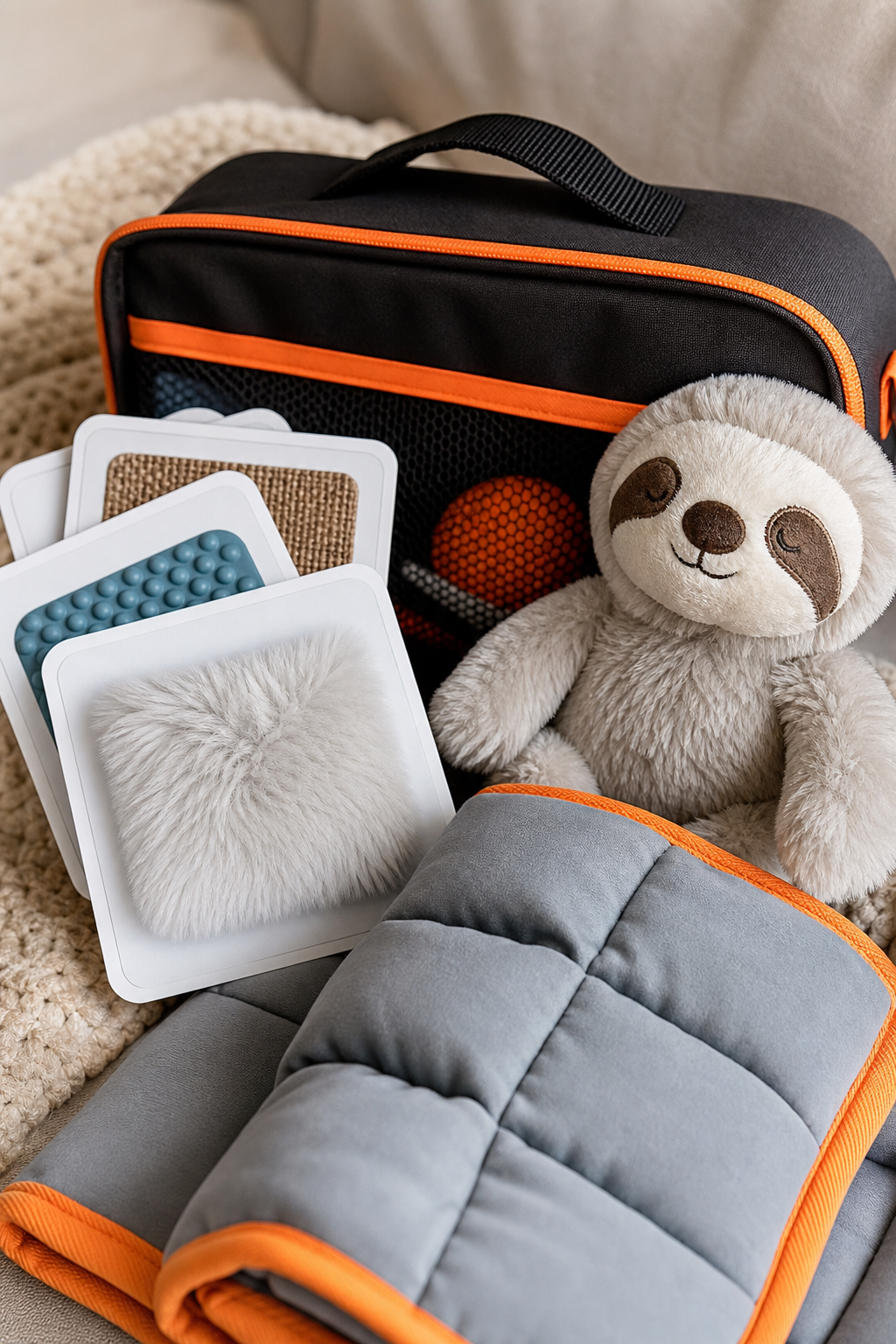 Close‑up of a sensory toolkit with texture cards, a soft toy, and a mini weighted blanket. Alt: Sensory toolkit for calming.