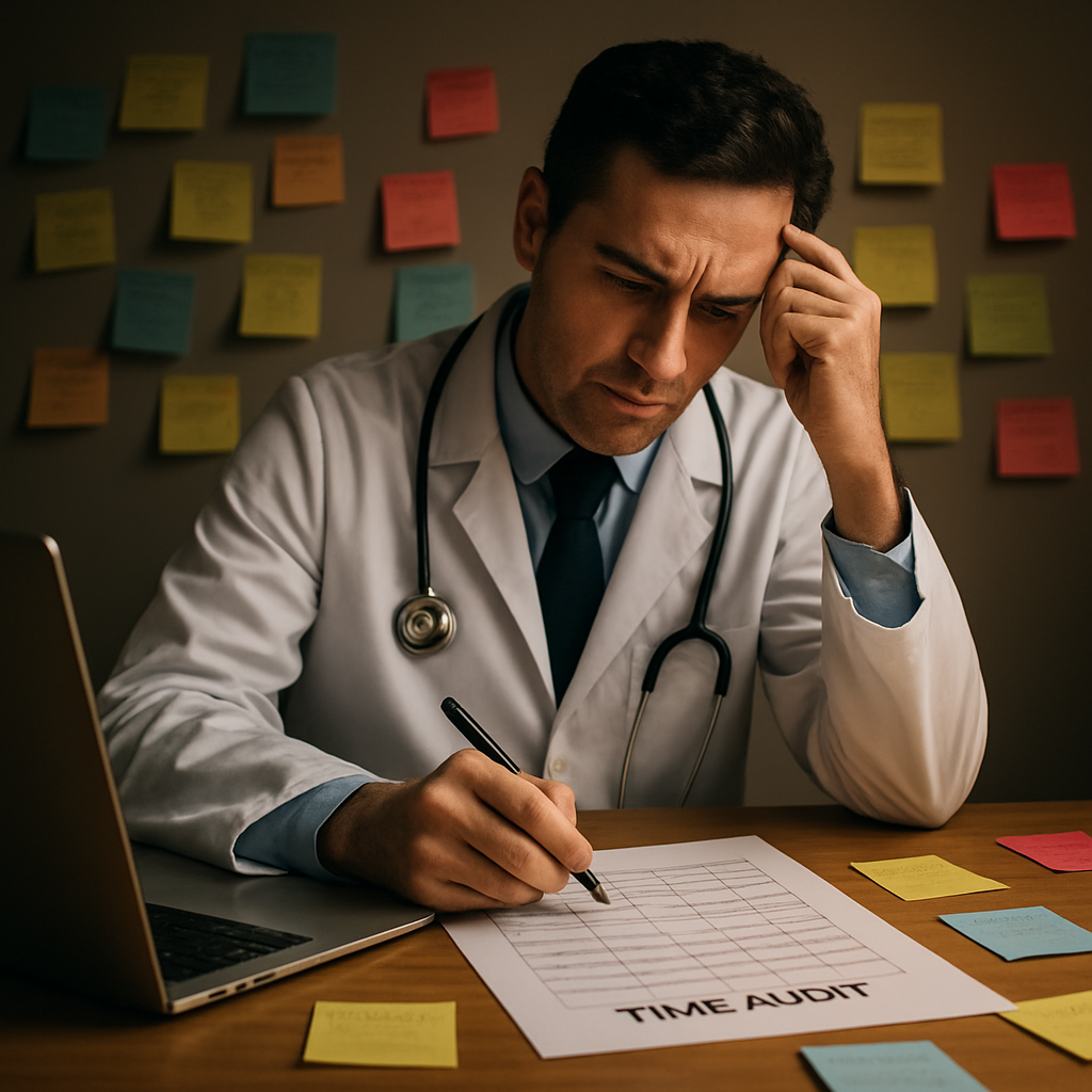 A physician sitting at a desk with a laptop, colorful sticky notes all around, and a printed time audit sheet laid out. Alt: Physician conducting a personal time audit to improve time management.