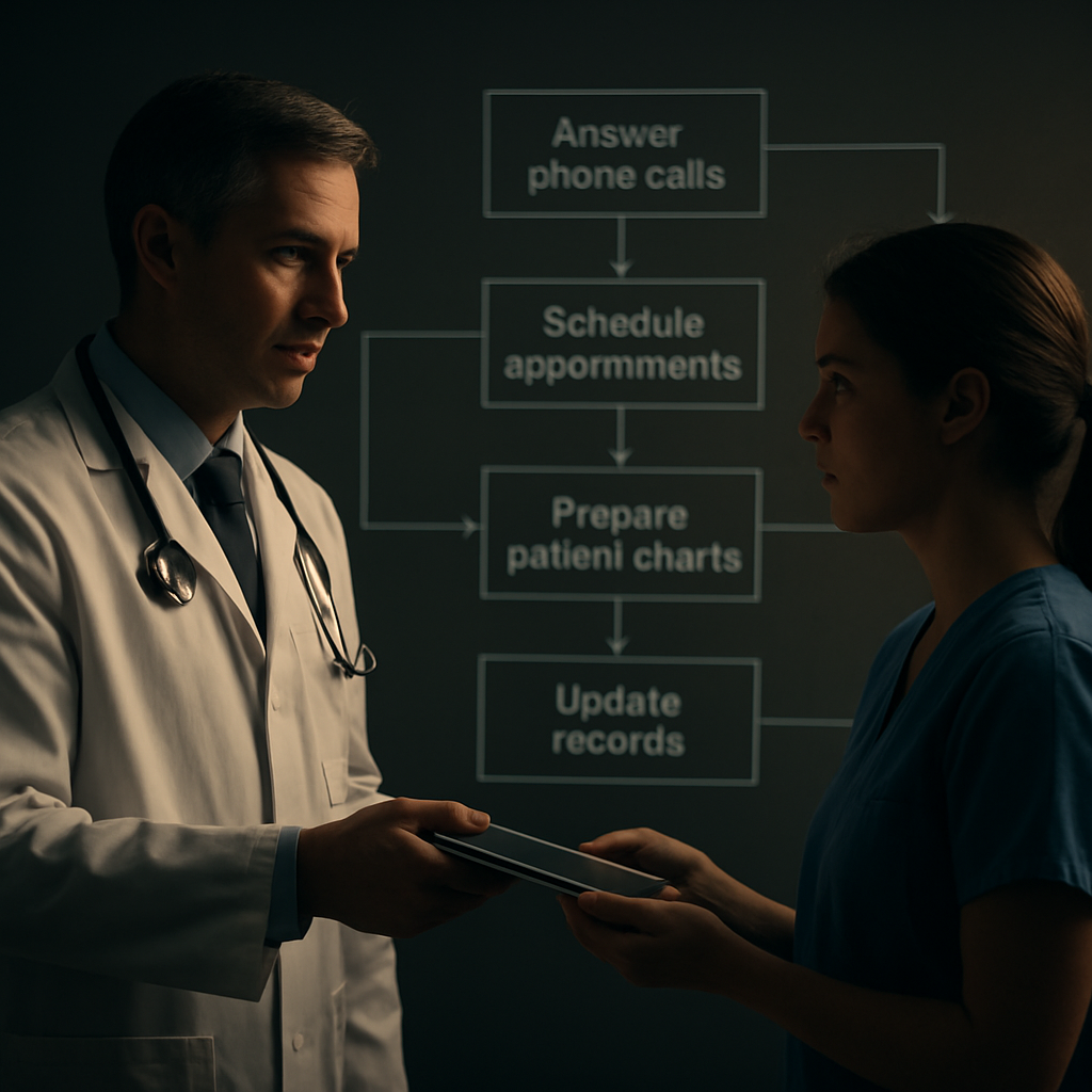 A physician handing a tablet to a medical assistant while a workflow diagram of delegated tasks appears in the background. Alt: Delegating non‑clinical tasks to improve physician time management