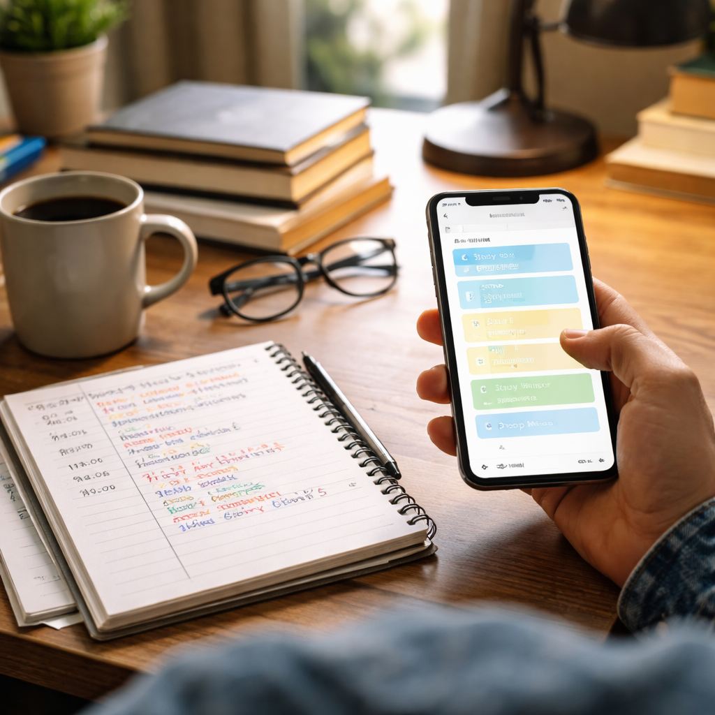 A photorealistic scene of a college student sitting at a desk, scrolling a smartphone with a time‑management app open, a notebook with a study schedule, and a coffee mug, natural lighting, realistic style.