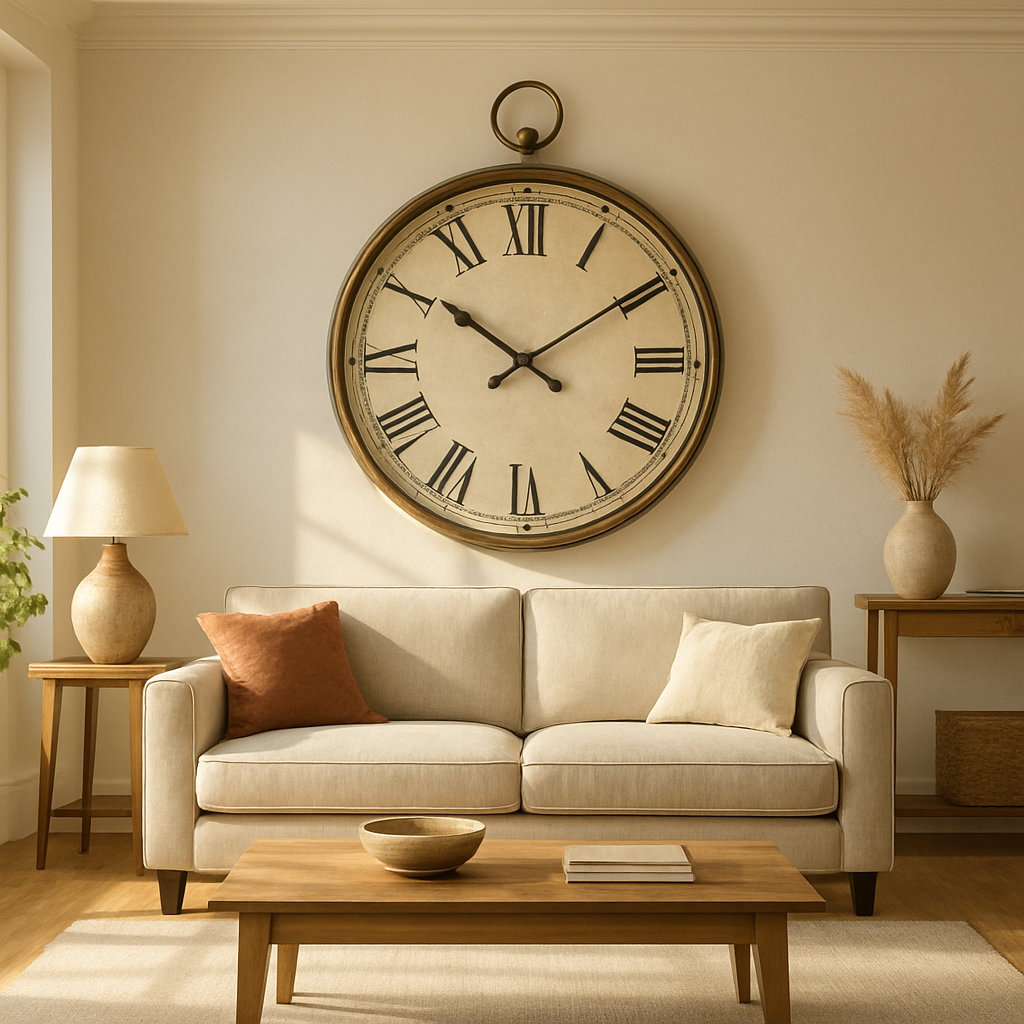 A bright, spacious British living room with a large decorative wall clock above a modern sofa, warm natural light spilling in, showcasing the clock as a focal point. Alt: Large decorative wall clock enhancing modern living room aesthetic