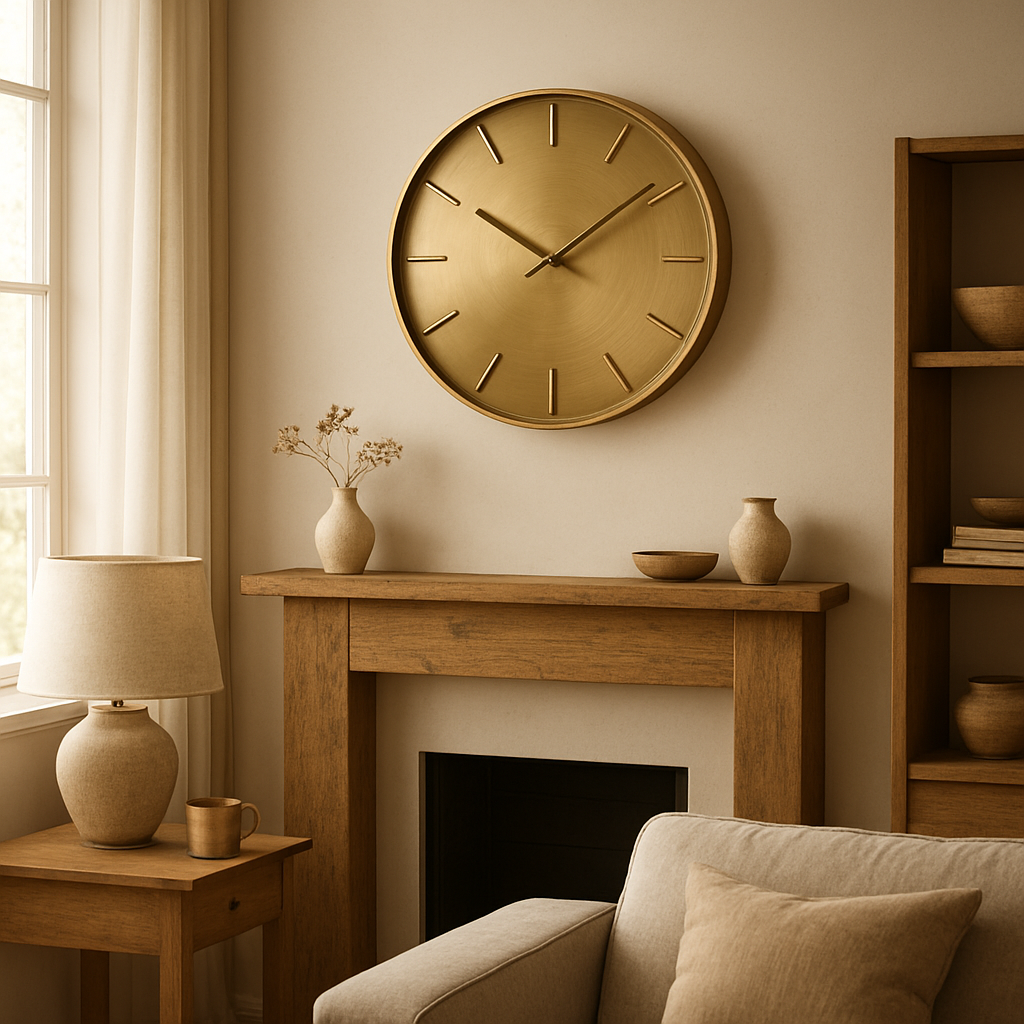 A stylish British living room featuring a decorative wall clock with a matte brass finish above a reclaimed oak mantel, soft natural light streaming through large windows, showcasing how the clock’s material blends with the room’s homeware. Alt: Matte brass wall clock matching reclaimed oak homeware trends