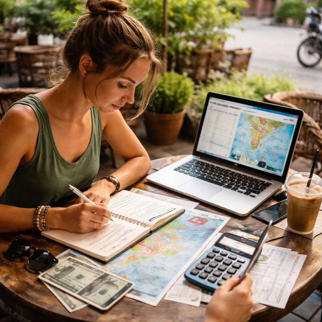 A photorealistic scene of a young traveler sitting at a cafe with a notebook, laptop, and a calculator, mapping out a travel budget for a two‑week Southeast Asia trip. Alt: realistic travel budgeting for first‑time budget travelers