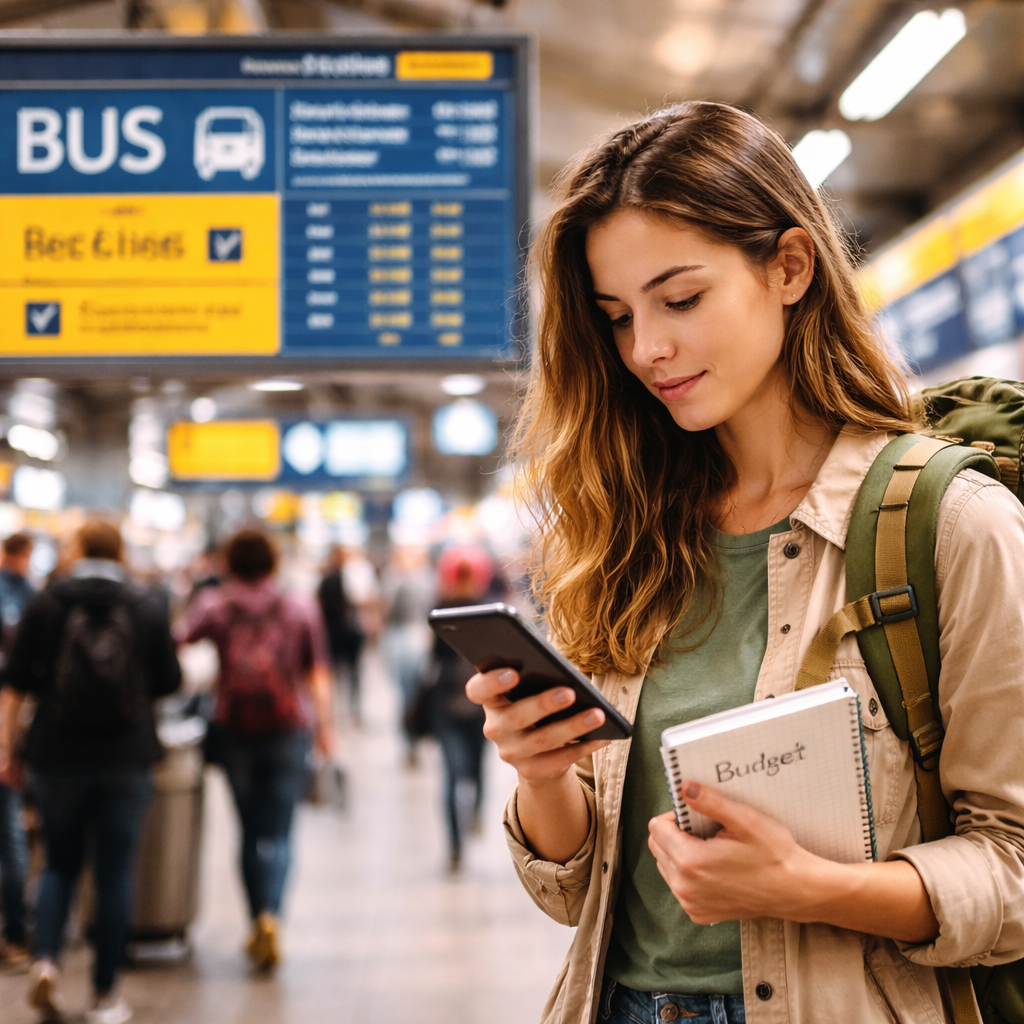 A photorealistic scene of a young traveler checking a bus schedule on a smartphone at a bustling train station, holding a budget notebook, with a backdrop of affordable public transport signs. Alt: Budget travel transportation tips for first-time travelers