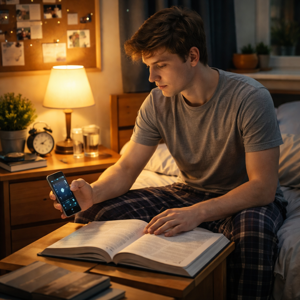 A photorealistic scene of a college student in a cozy dorm room, setting an alarm on a phone and closing a textbook, with a soft night lamp on a bedside table. Alt: student establishing a consistent sleep schedule for better sleep hygiene.