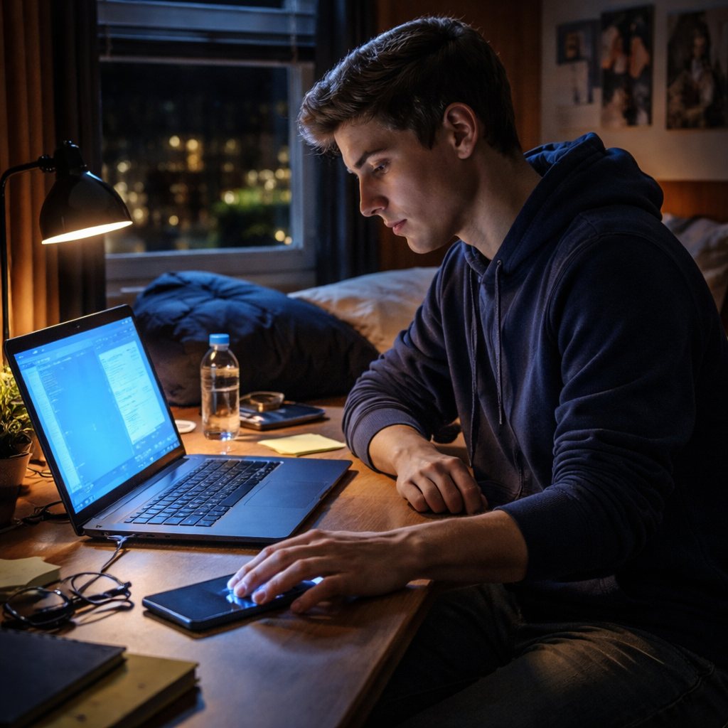 A photorealistic scene of a college student in a dorm room turning off a phone screen and using a blue‑light filter on a laptop at night. Alt: student managing screen time for better sleep hygiene.