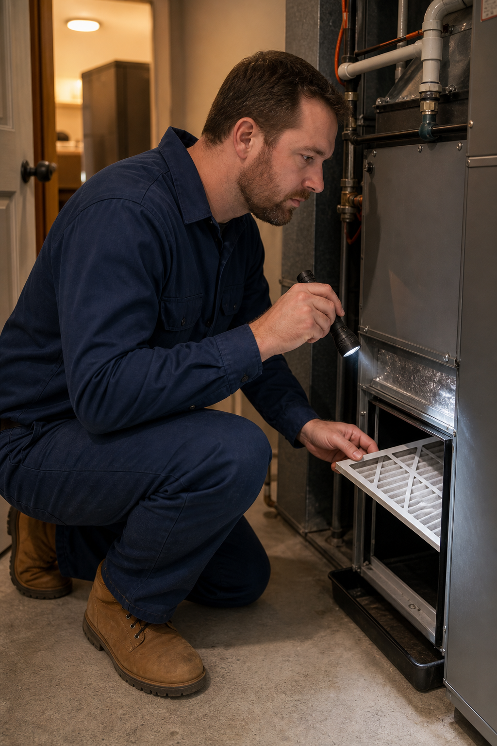 A photorealistic scene of an HVAC technician in work attire inspecting a residential air handler unit in a utility room, checking the filter slot with a flashlight, warm interior lighting, no signage or contact details visible. Alt: HVAC technician inspecting residential air handler filter slot in East Tennessee home.