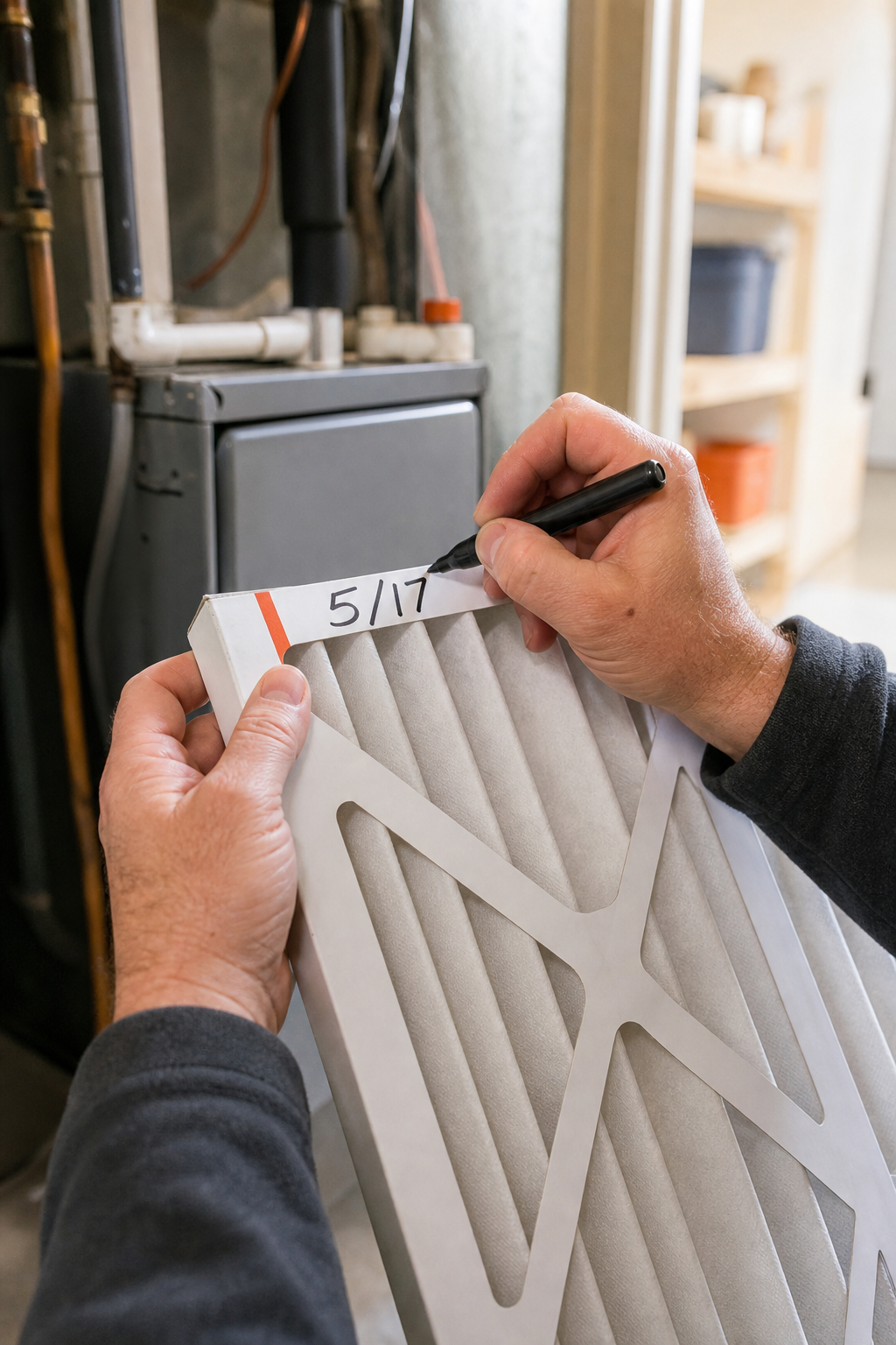 A photorealistic close-up of a homeowner's hands writing a filter change date on the frame of a clean white pleated HVAC air filter, with a home utility room in the background, warm natural lighting. Alt: Homeowner writing replacement date on HVAC air filter frame for scheduled maintenance.