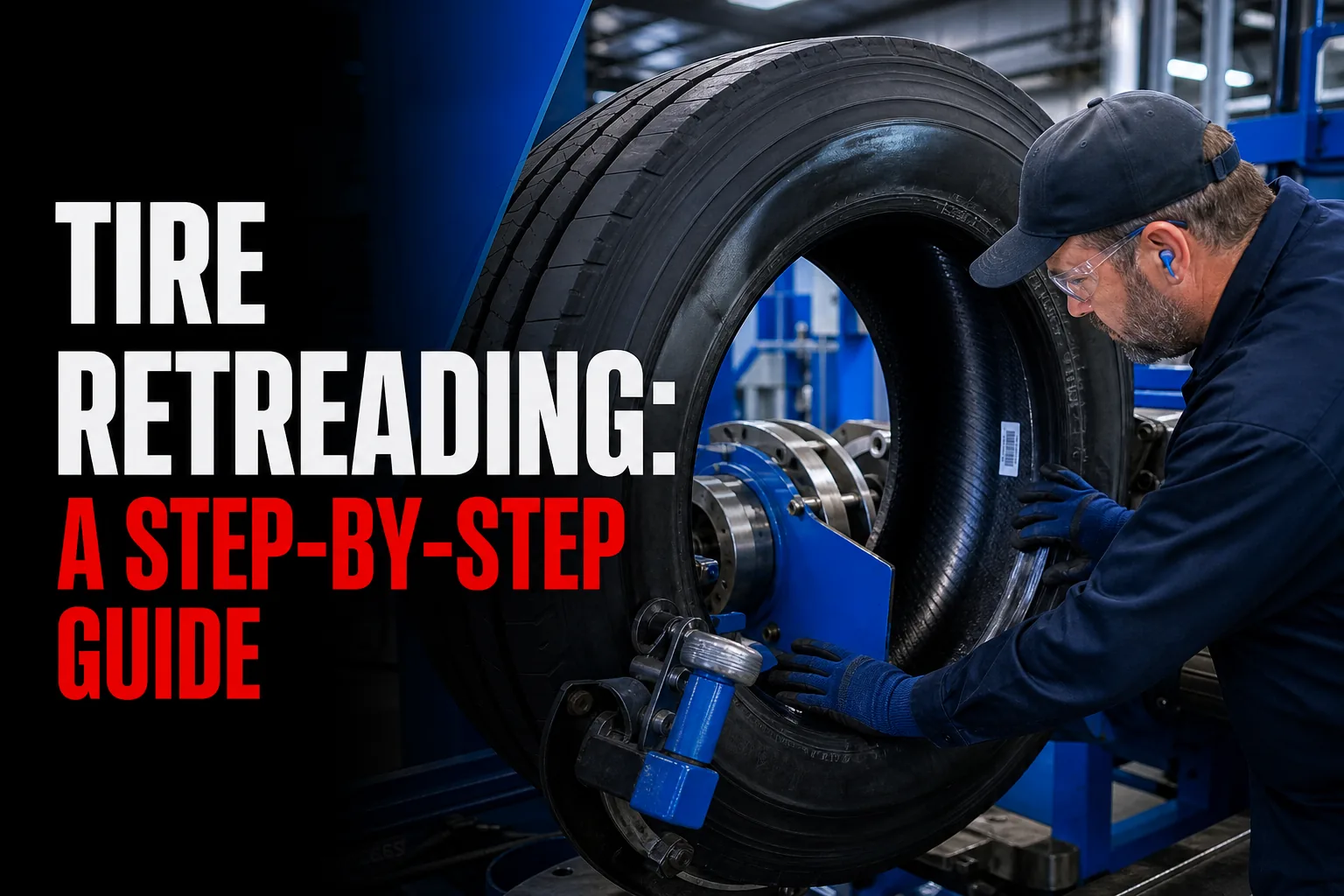 technician inspecting a commercial tire casing for retreading