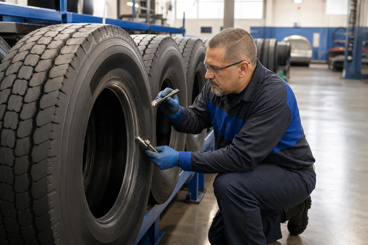 quality control inspection of a cured commercial retread tire