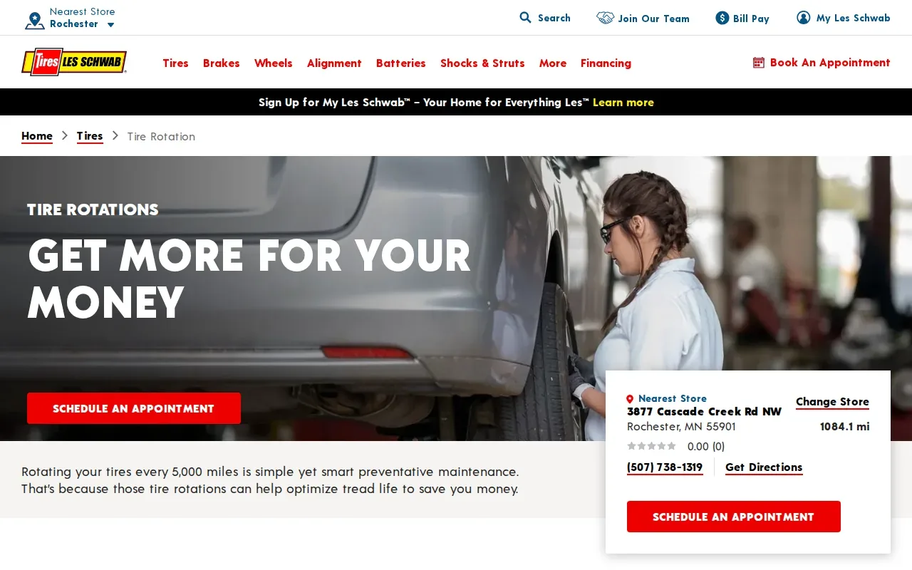 Screenshot of the Tire Rotation (by Les Schwab Tire Centers) website