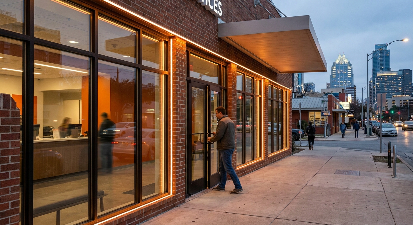 A photorealistic street-level view of a financial services storefront in an urban Austin neighborhood, with warm orange accent lighting, a customer walking through the door, and a city skyline visible in the background. No phone numbers or signage text visible. Alt: Storefront title loan company in Austin Texas offering in-person funding.