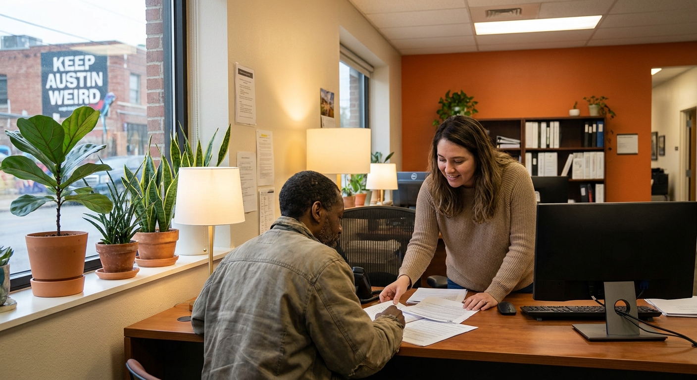 A photorealistic scene of a community assistance office in Austin with warm interior lighting, a caseworker helping a resident at a desk with paperwork and a computer, plants visible near the window, and an orange accent wall in the background. No phone numbers visible. Alt: Austin Texas community payday assistance program helping residents with emergency financial support.