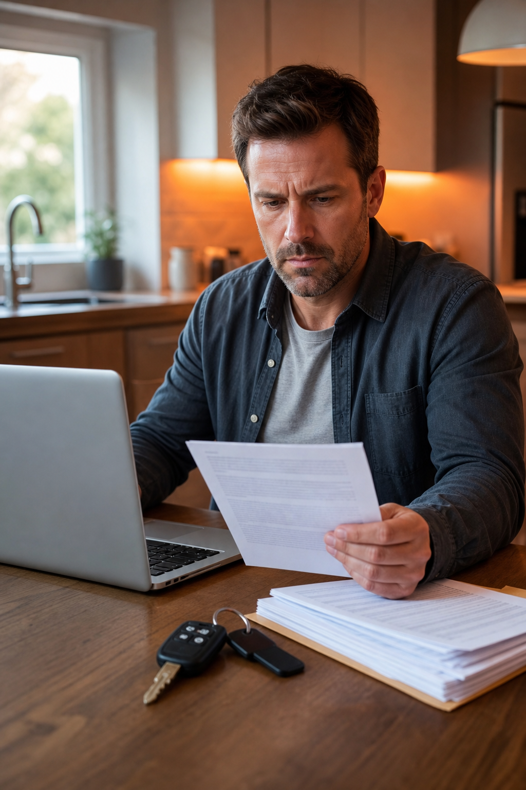 A photorealistic scene of a person sitting at a kitchen table with a laptop open, reviewing car title loan documents next to car keys, warm indoor lighting with orange accent tones, natural home environment. Alt: person applying for a title loan with bad credit online using EZ Car Title Loans.