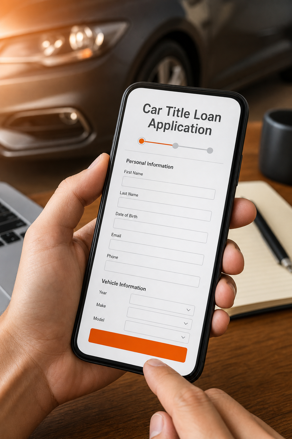A photorealistic close-up of a smartphone screen showing a car title loan application form with a partially visible car in the background, orange accent lighting, modern desk setting. Alt: online title loan lender application on smartphone for bad credit borrowers.