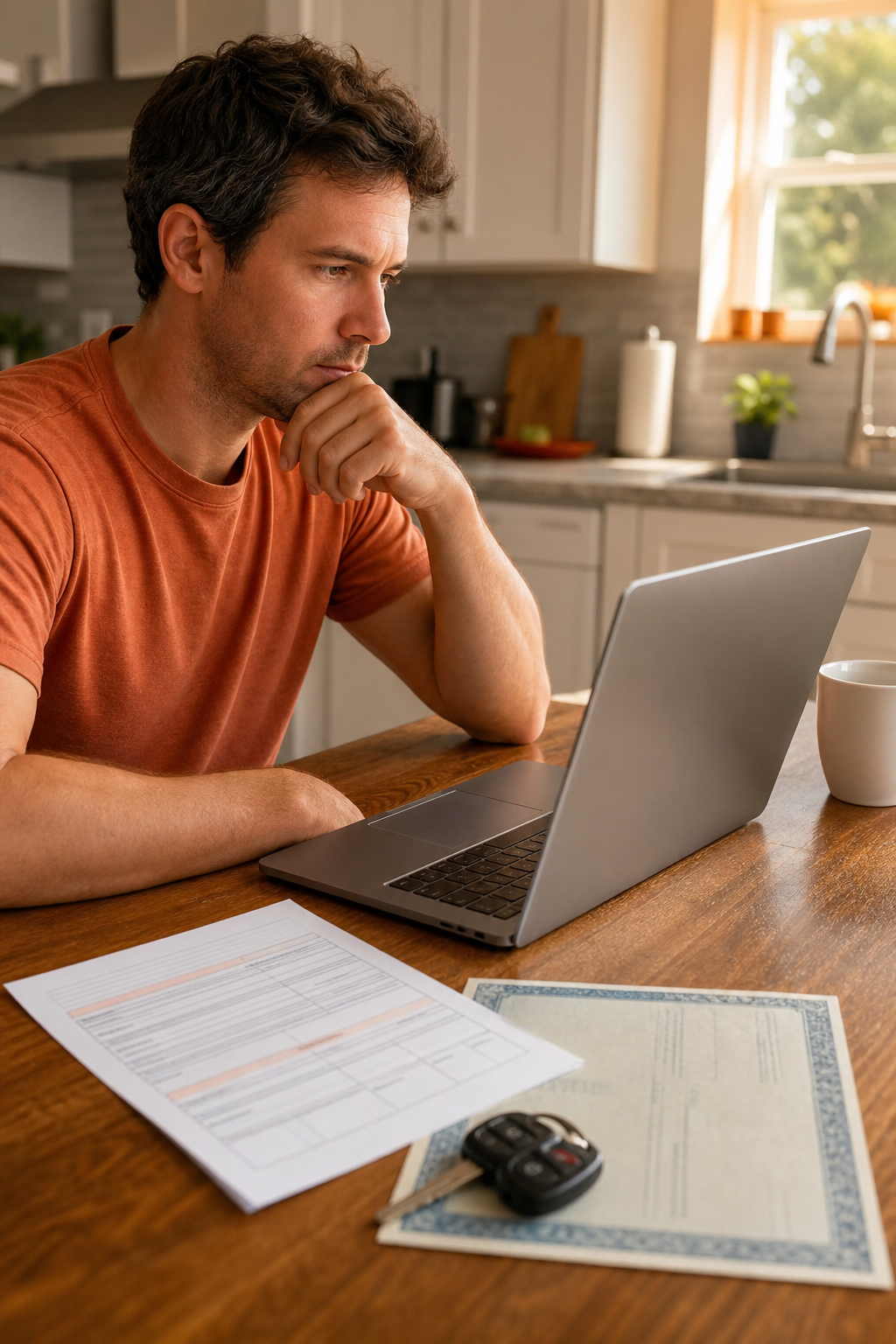 Photorealistic scene of a person sitting at a kitchen table with a laptop open, reviewing a loan application form, car keys and a vehicle title document visible on the table beside them, warm natural lighting, realistic home setting. Alt: person applying for a car title loan no credit check online at home.