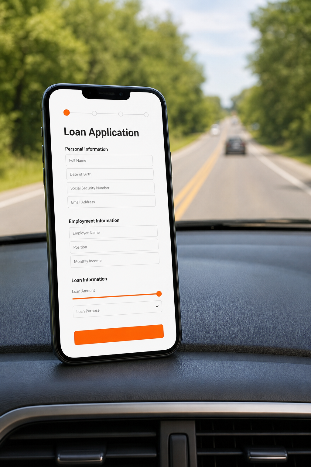 Photorealistic image of a smartphone displaying a loan application form on its screen, placed on a car dashboard with a blurred road visible through the windshield in the background, natural daylight. Alt: online title loan application on smartphone for fast same-day funding.