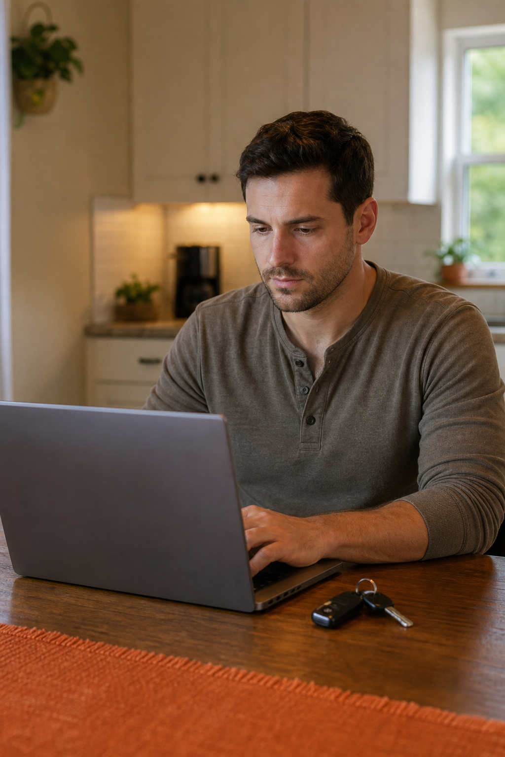 A photorealistic scene of a person sitting at a kitchen table with a laptop open, car keys resting beside the keyboard, warm indoor lighting, mid-shot. Alt: Person applying for a title loan same day cash online at home.
