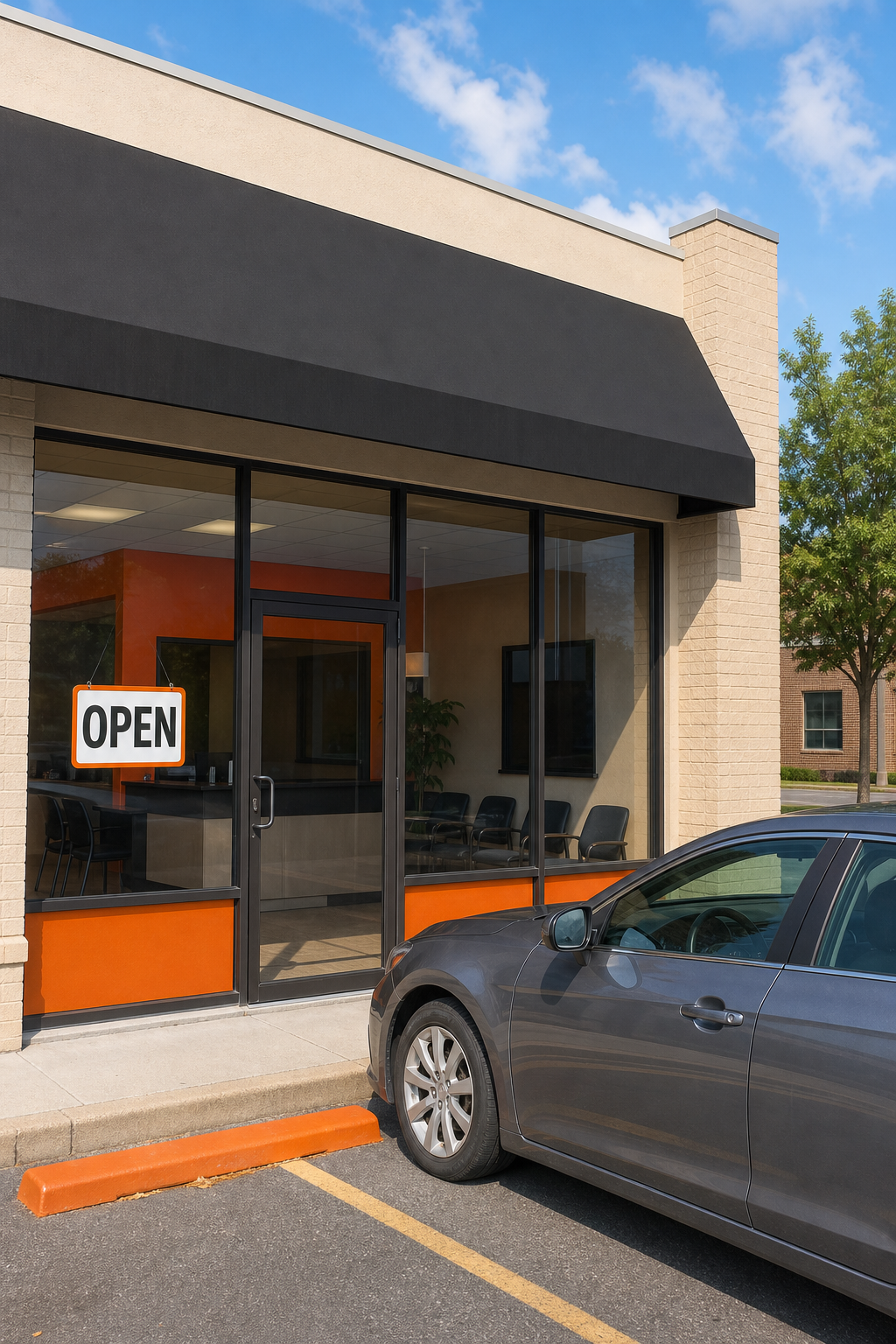 A photorealistic exterior shot of a financial services storefront on a suburban street, open sign visible in the window, a car parked out front, bright daytime lighting. Alt: Storefront title loan provider offering same day cash to vehicle owners.
