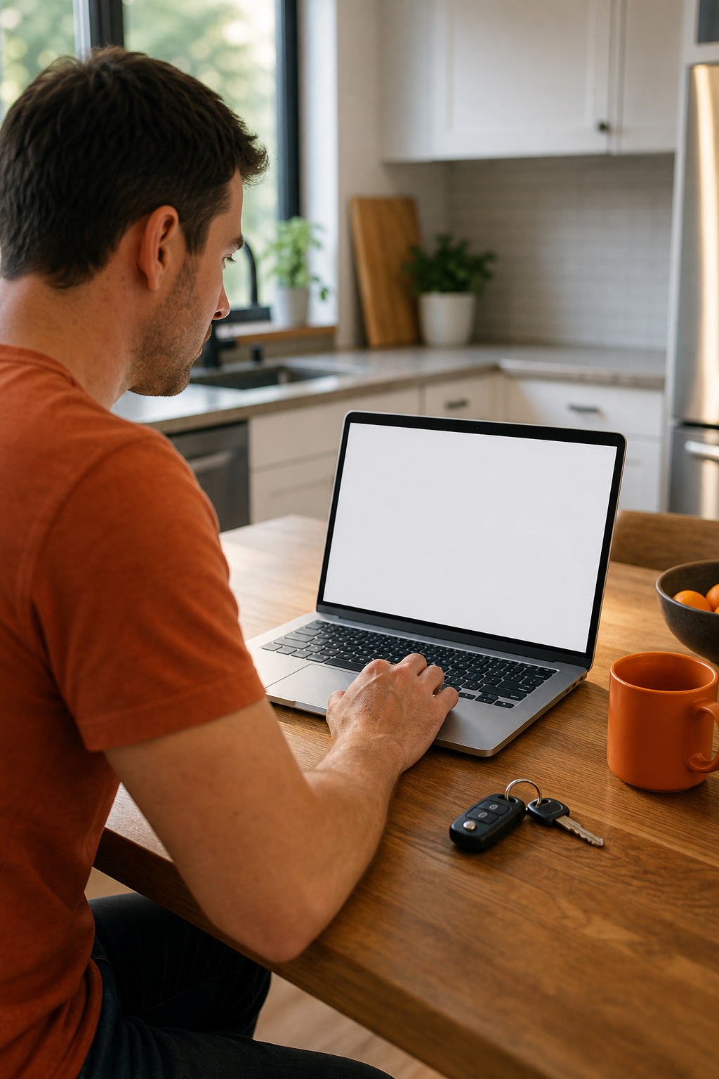 A photorealistic scene of a person sitting at a kitchen table with a laptop open, reviewing a loan application on screen, car keys resting beside the laptop, warm natural light from a window, relaxed and focused expression. Alt: applying for a title loan without credit check from home.