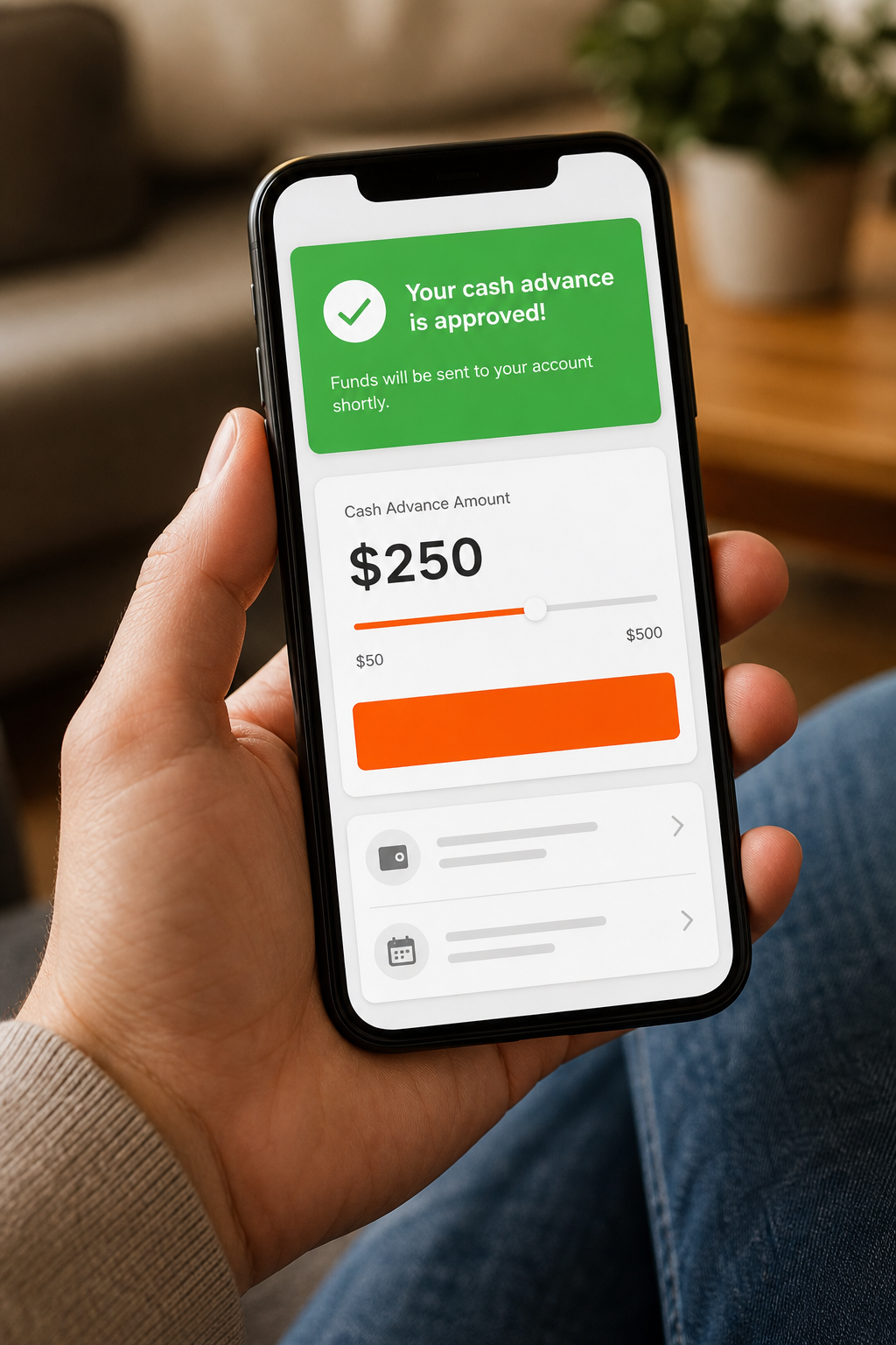 A photorealistic close-up of a smartphone screen showing a cash advance app dashboard with a green approval notification, person's hand holding the phone, blurred casual home background, warm lighting. Alt: no credit check cash advance app on smartphone.