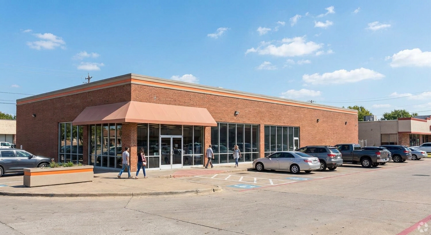 Photorealistic exterior of a financial services storefront on a busy Dallas street, with a parking lot in front and a blue sky above, no readable signage or phone numbers. Alt: Brick-and-mortar title loan storefront in Dallas Texas.