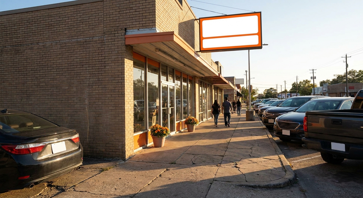 A photorealistic street-level view of a small financial services storefront in a Houston commercial district, with a bright orange and white sign, parked cars outside, and afternoon Texas sunlight casting shadows on the sidewalk. Alt: storefront title loan lender in Houston Texas same-day funding.