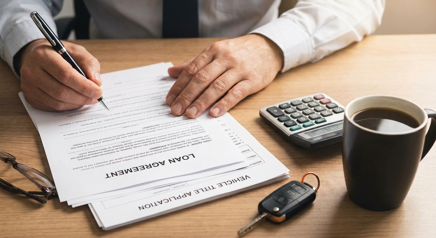 A photorealistic close-up of a person's hands at a desk reviewing a loan document and a car key fob, with a calculator and a cup of coffee nearby, warm indoor office lighting. Alt: refinancing a title loan in Houston Texas to lower monthly payments.
