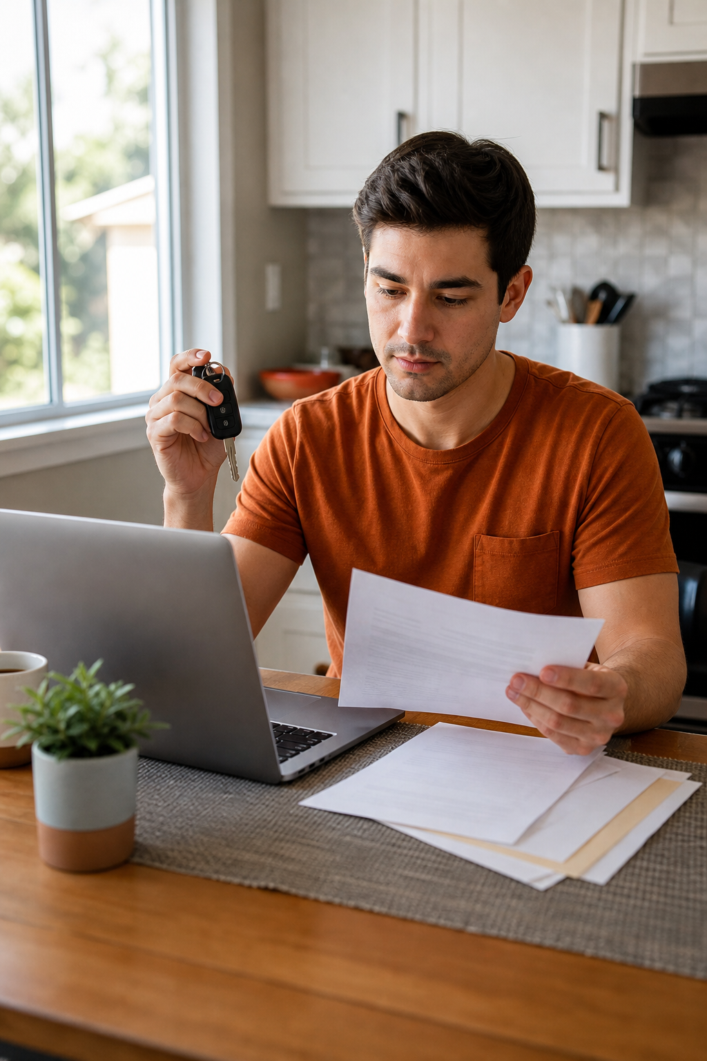 A photorealistic scene of a person sitting at a kitchen table with a laptop open, holding car keys in one hand and reviewing loan documents, warm natural light coming through a window. Alt: person applying for a car title loan online at home.