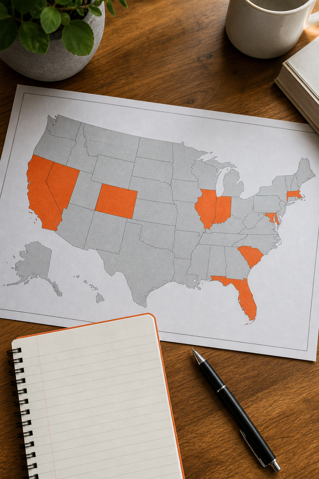 A photorealistic overhead shot of a state map of the United States on a wooden desk, with a few states highlighted in orange, a pen resting nearby, and a small notebook with handwritten loan notes. Alt: map showing states with title loan regulations and rate caps.