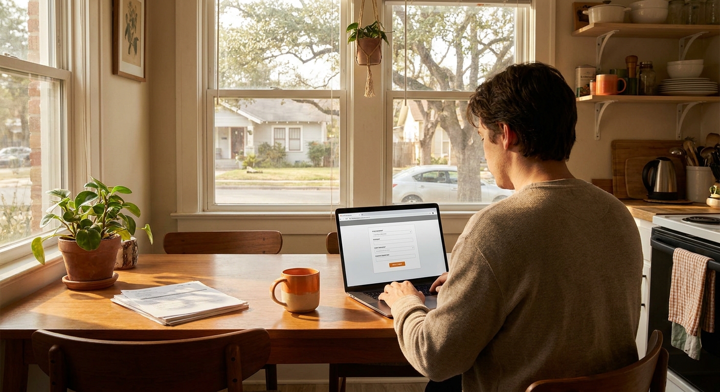 A photorealistic scene of a person sitting at a kitchen table in San Antonio, using a laptop to fill out an online loan application, warm natural light from a window, coffee mug nearby, relaxed home setting. Alt: San Antonio borrower applying for an online title loan from home.