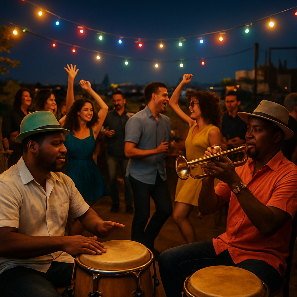 A vibrant night scene of a Cuban party in Barcelona, with musicians playing congas and trumpets, colorful lights, and people dancing on a rooftop terrace. Alt: fiesta cubana Barcelona noche vibrante con música en vivo